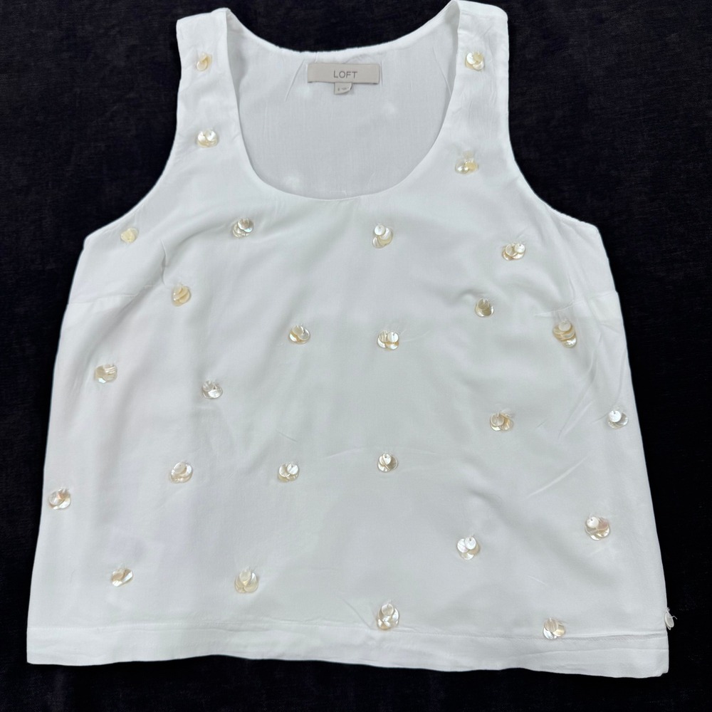 Loft Embellished Racerback Tank Top White Pearl Shell Embellished Boho Summer